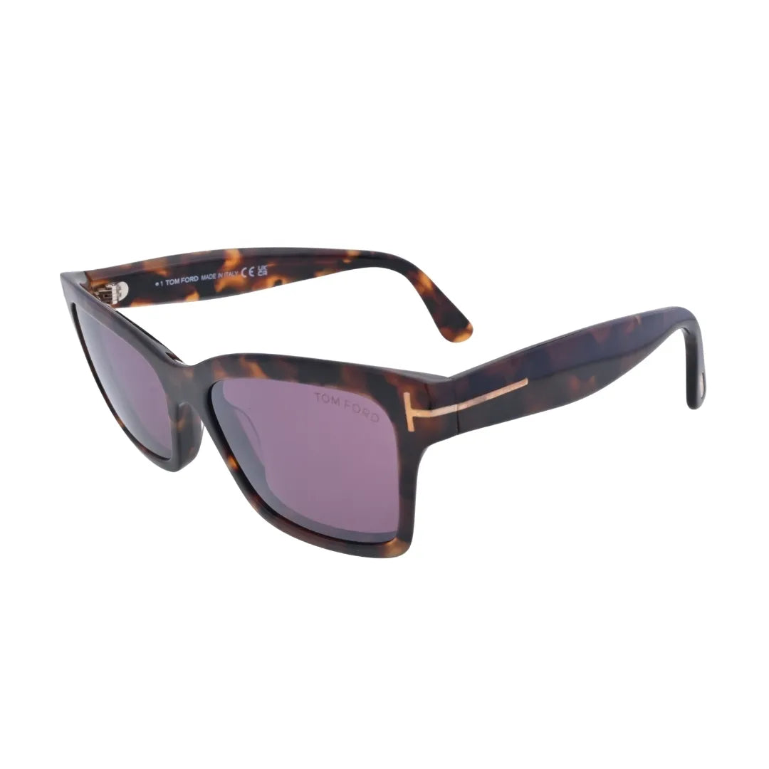 Angled view of Tom Ford TF1085 52U luxury geometric sunglasses with purple tinted lenses