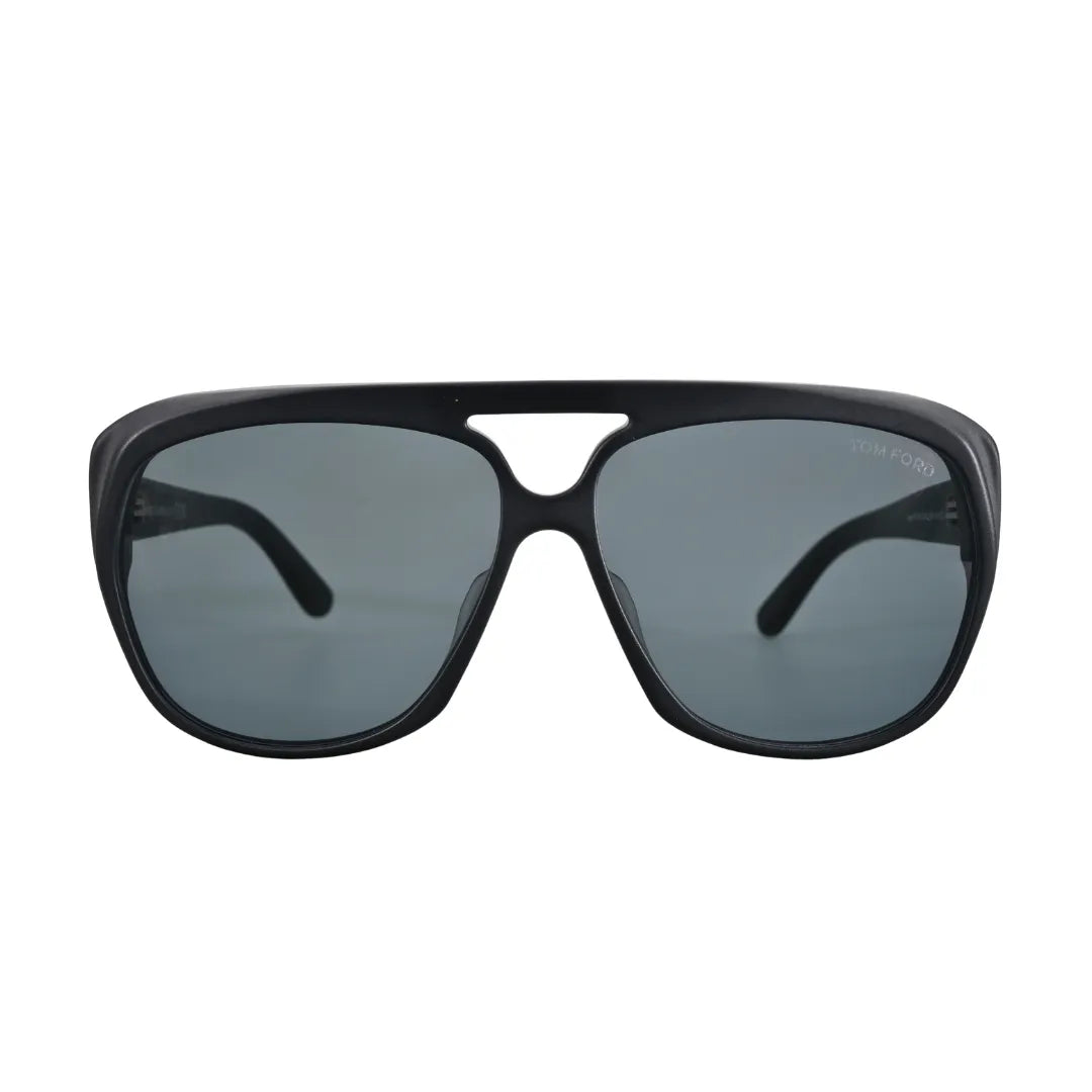 Front-facing view of Tom Ford Jayden TF1103 02A matte black aviator sunglasses with grey mirror lenses and signature T hardware