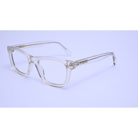 Elegant transparent eyeglasses with a soft champagne tone and gold accent detailing.