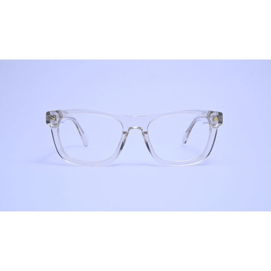 Elegant transparent eyeglasses with a soft champagne tone and gold accent detailing.