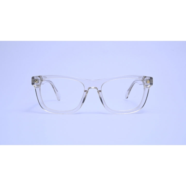 Elegant transparent eyeglasses with a soft champagne tone and gold accent detailing.