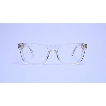 Elegant transparent eyeglasses with a soft champagne tone and gold accent detailing.