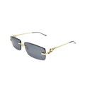 Three-quarter view of Panthère rimless Cartier sunglasses CT0430S001 with grey lenses and sculptured gold panther temple figure
