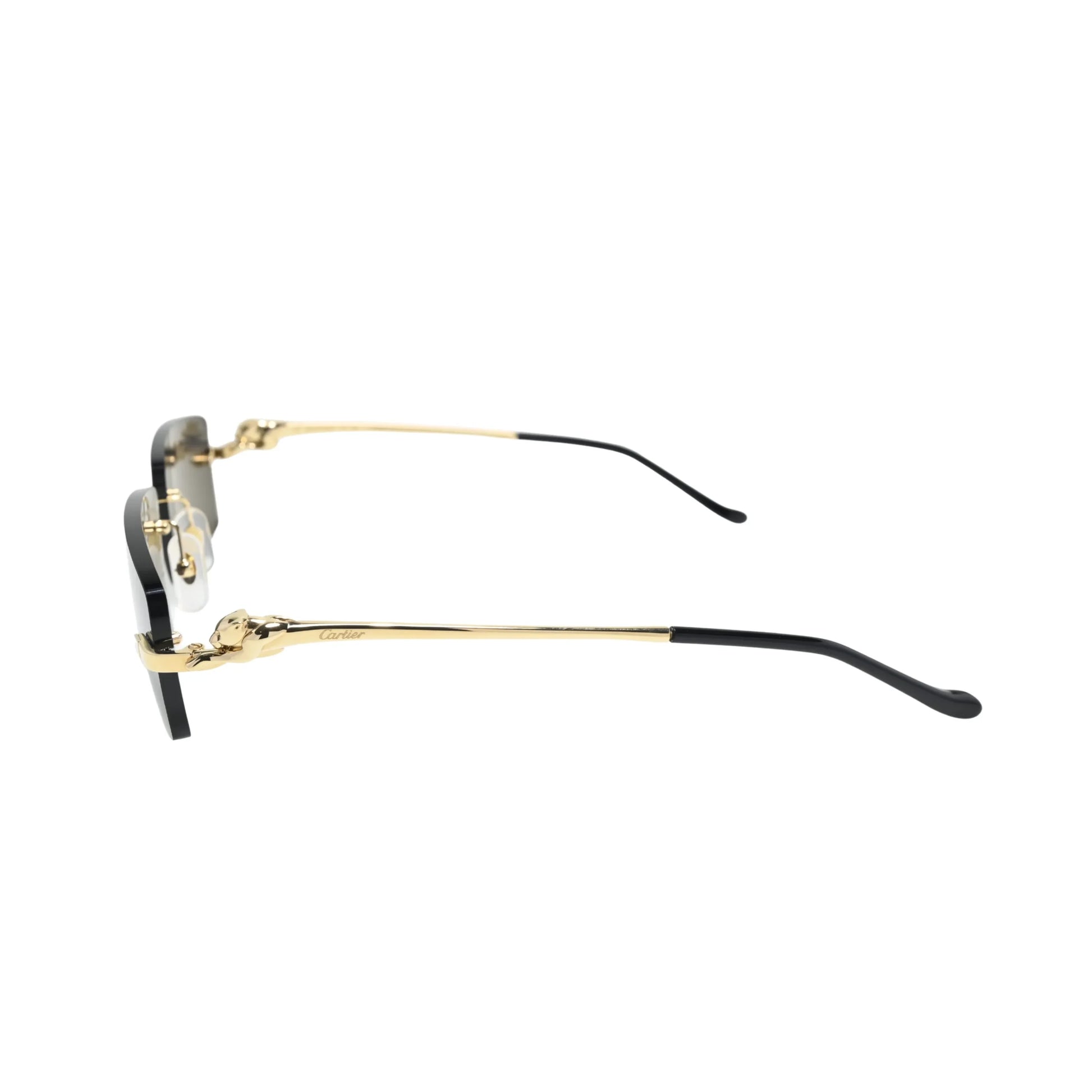 Side profile of Cartier CT0430S001 showing gold sculptured Panthère body along temple arm and black acetate tip with Cartier engraving