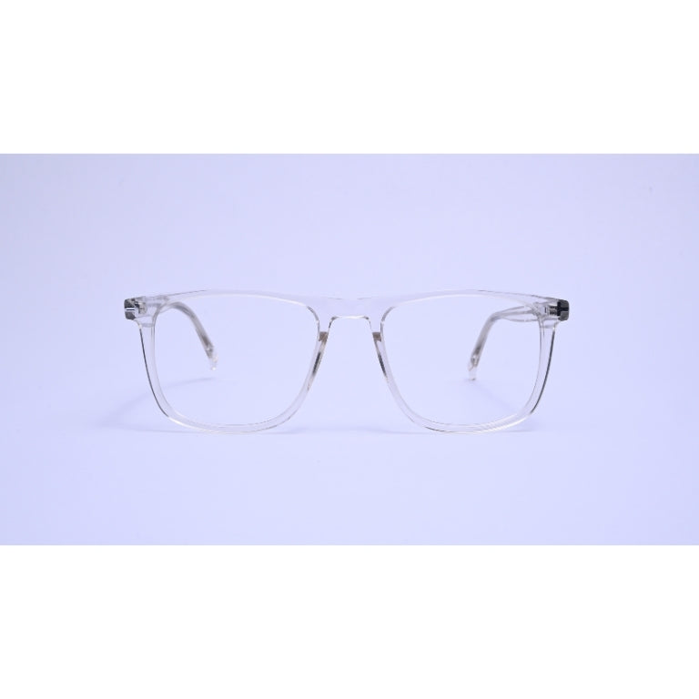 A sleek transparent frame with a modern rectangular shape and metal-core temples.