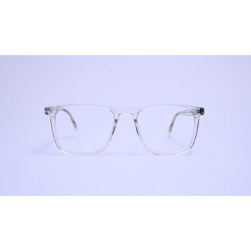 A sleek transparent frame with a modern rectangular shape and metal-core temples.