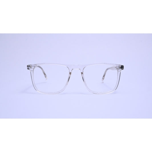 A sleek transparent frame with a modern rectangular shape and metal-core temples.