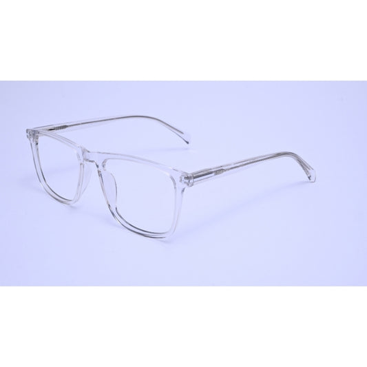 A sleek transparent frame with a modern rectangular shape and metal-core temples.