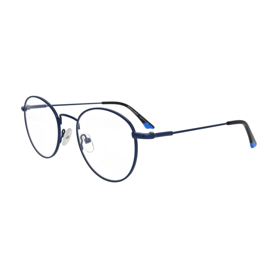 Navy blue round glasses N097, side view with blue temple tips