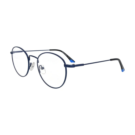 Navy blue round glasses N097, side view with blue temple tips