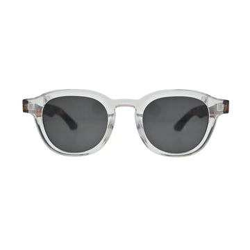 Front view of crystal clear round square sunglasses with tortoise shell arms and dark grey lenses