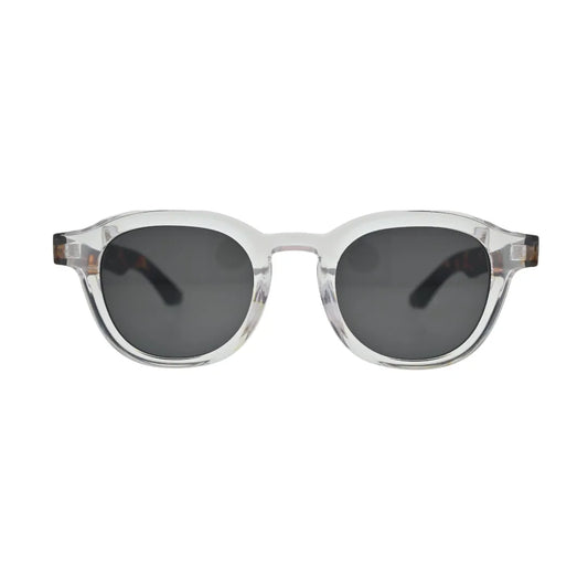 Front view of crystal clear round square sunglasses with tortoise shell arms and dark grey lenses