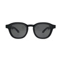 Front view of black panto round sunglasses with flat smoke grey lenses and thick black frame