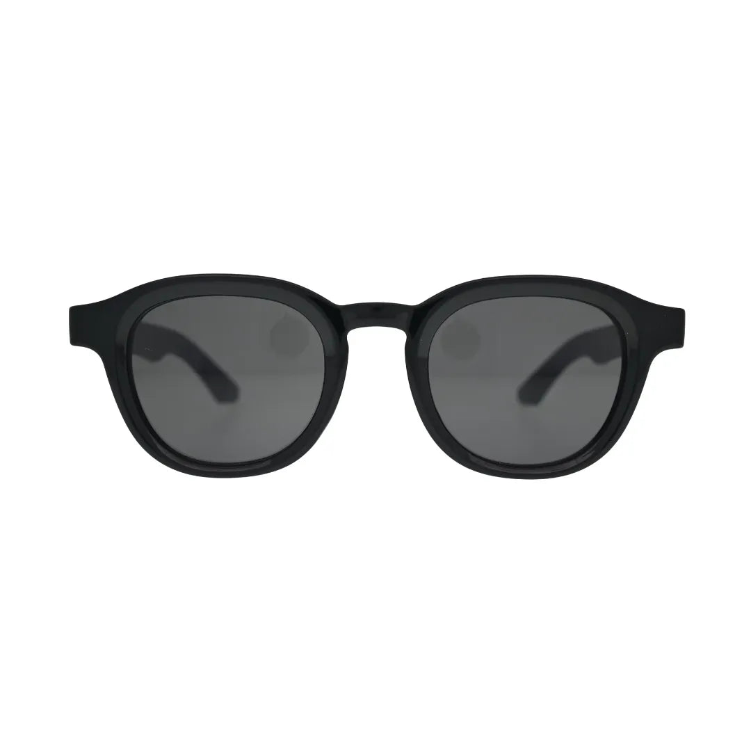 Front view of black panto round sunglasses with flat smoke grey lenses and thick black frame