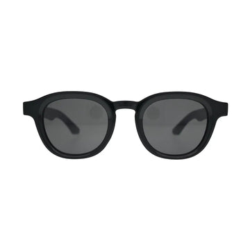 Front view of black panto round sunglasses with flat smoke grey lenses and thick black frame