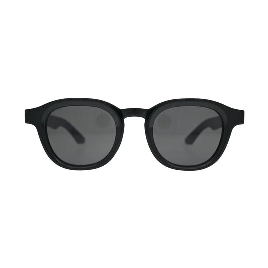 Front view of black panto round sunglasses with flat smoke grey lenses and thick black frame