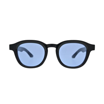 Front view of black frame blue lens panto sunglasses showing cornflower blue flat lenses and thick black acetate-style frame