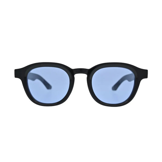 Front view of black frame blue lens panto sunglasses showing cornflower blue flat lenses and thick black acetate-style frame