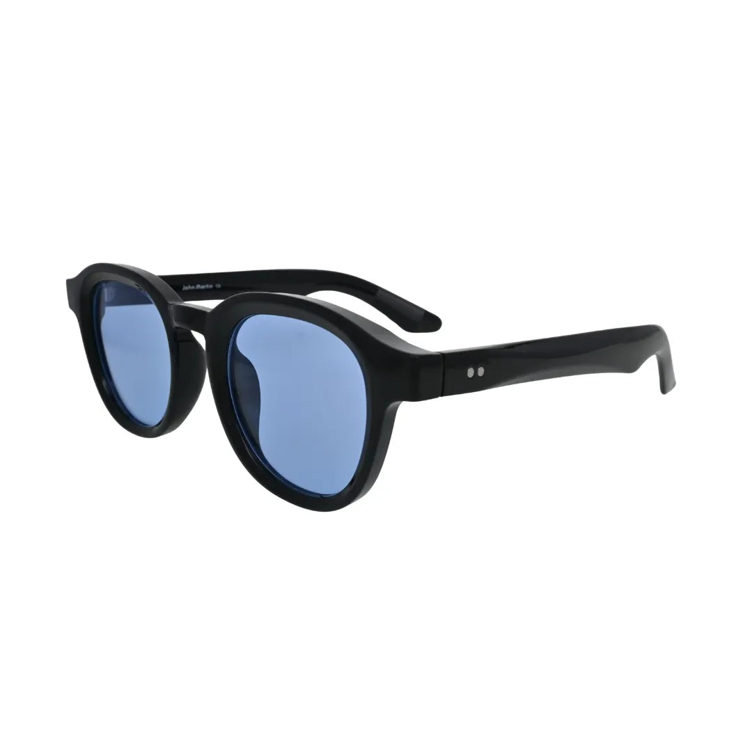 Three-quarter side angle view of black panto round sunglasses with flat light blue tinted lenses and silver hinge rivets