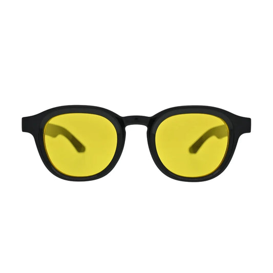 Front view of black frame yellow lens panto sunglasses showing solid yellow flat lenses in thick black acetate-style frame