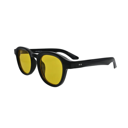 Three-quarter side angle view of black panto round sunglasses with vivid flat yellow tinted lenses and silver hinge rivets
