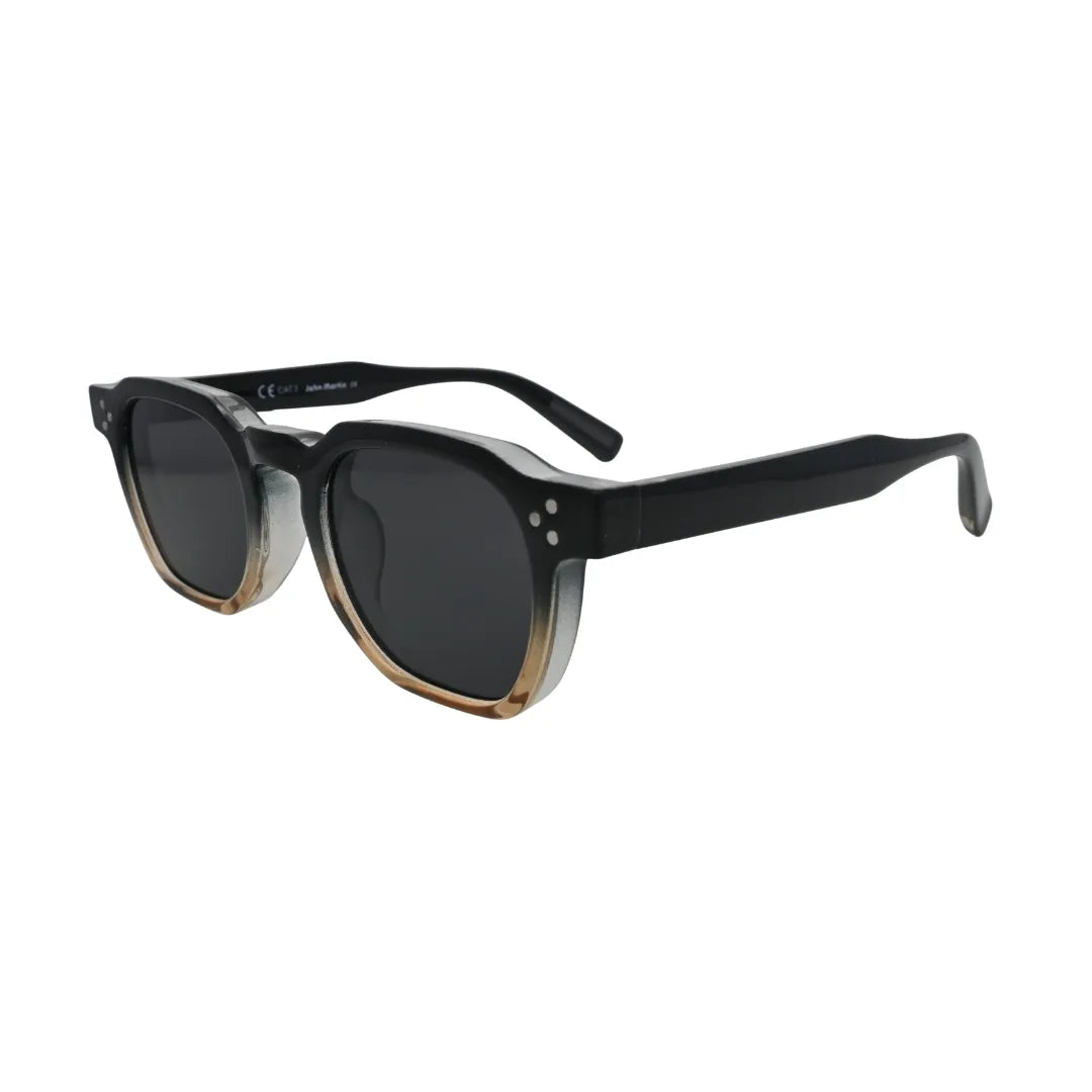 Three-quarter side angle view of two tone black amber square sunglasses showing colour fade frame and smoke grey lenses