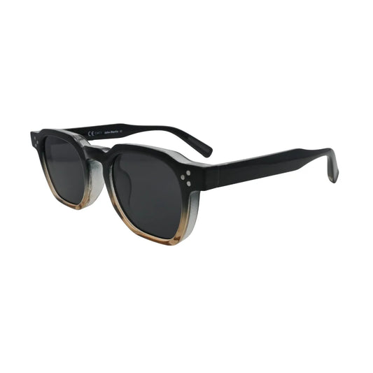 Three-quarter side angle view of two tone black amber square sunglasses showing colour fade frame and smoke grey lenses