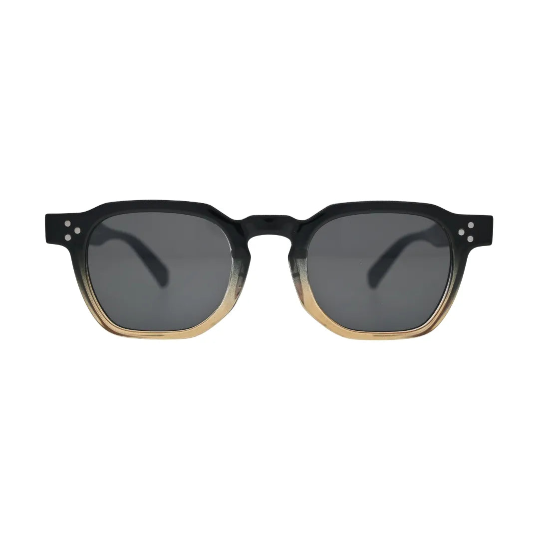 Front view of two tone black to amber gradient square frame sunglasses with flat smoke lenses and silver rivet temple detail