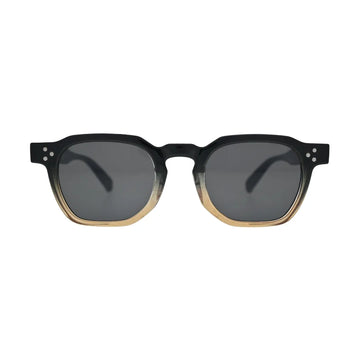 Front view of two tone black to amber gradient square frame sunglasses with flat smoke lenses and silver rivet temple detail