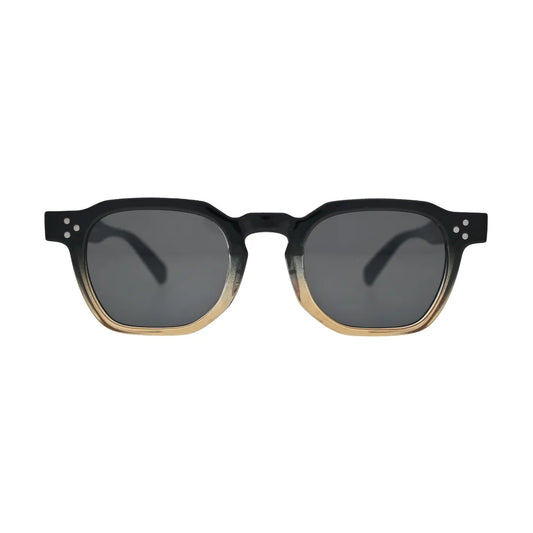 Front view of two tone black to amber gradient square frame sunglasses with flat smoke lenses and silver rivet temple detail