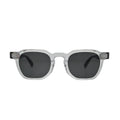 Front view of square sunglasses for men showing thick clear transparent frame and deep smoke grey flat lenses