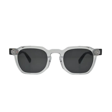 Front view of square sunglasses for men showing thick clear transparent frame and deep smoke grey flat lenses