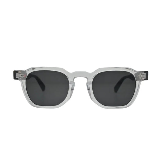 Front view of square sunglasses for men showing thick clear transparent frame and deep smoke grey flat lenses