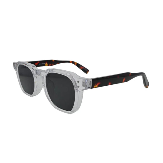 hree-quarter side view of chunky transparent square sunglasses for men with tortoise shell arms and dark smoke grey lenses