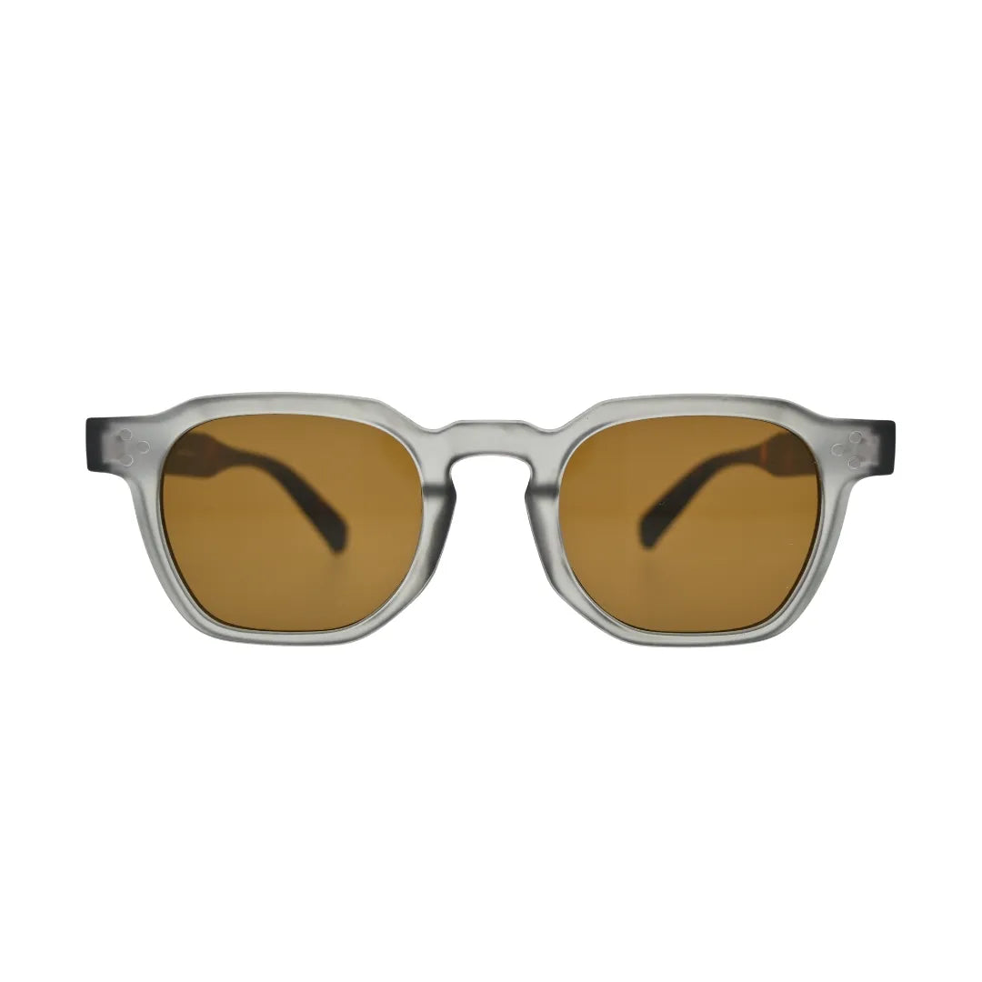 Front view of grey frame square sunglasses with brown lenses showing thick frosted frame and dark tortoise temple tips at sides