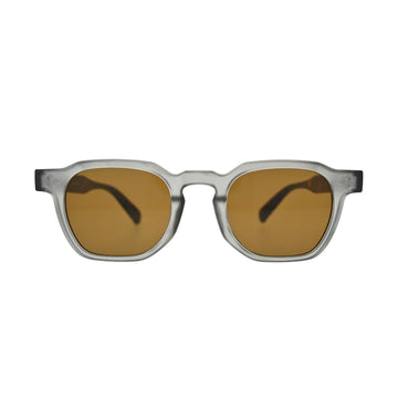 Front view of grey frame square sunglasses with brown lenses showing thick frosted frame and dark tortoise temple tips at sides