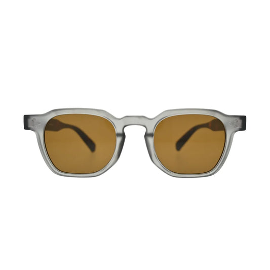 Front view of grey frame square sunglasses with brown lenses showing thick frosted frame and dark tortoise temple tips at sides