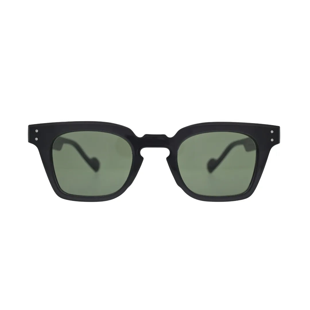 Front view of black square sunglasses with green lenses showing thick frame, notched cutout bridge, and silver rivet detail on temples