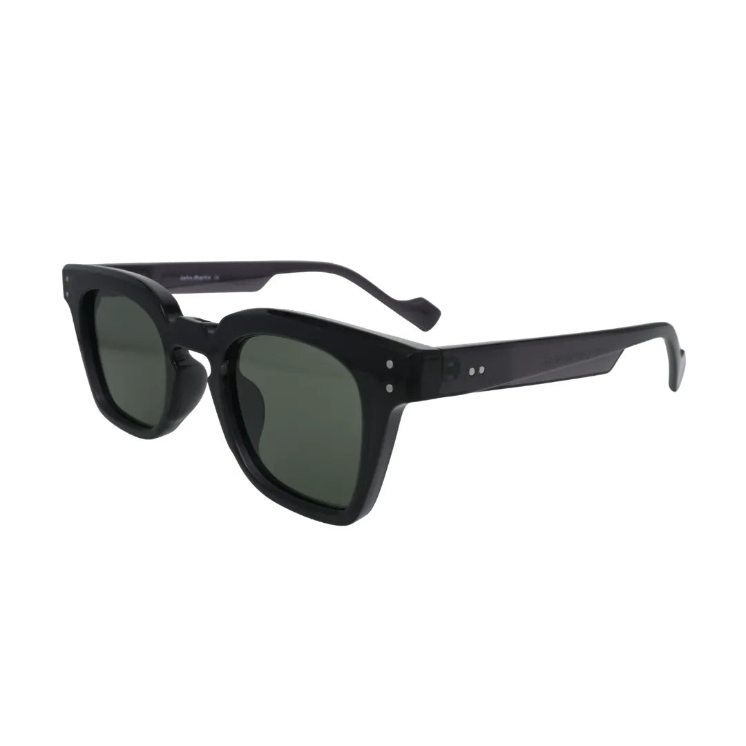 hree-quarter side view of chunky glossy black square sunglasses with deep forest green lenses and silver rivet hinge detail