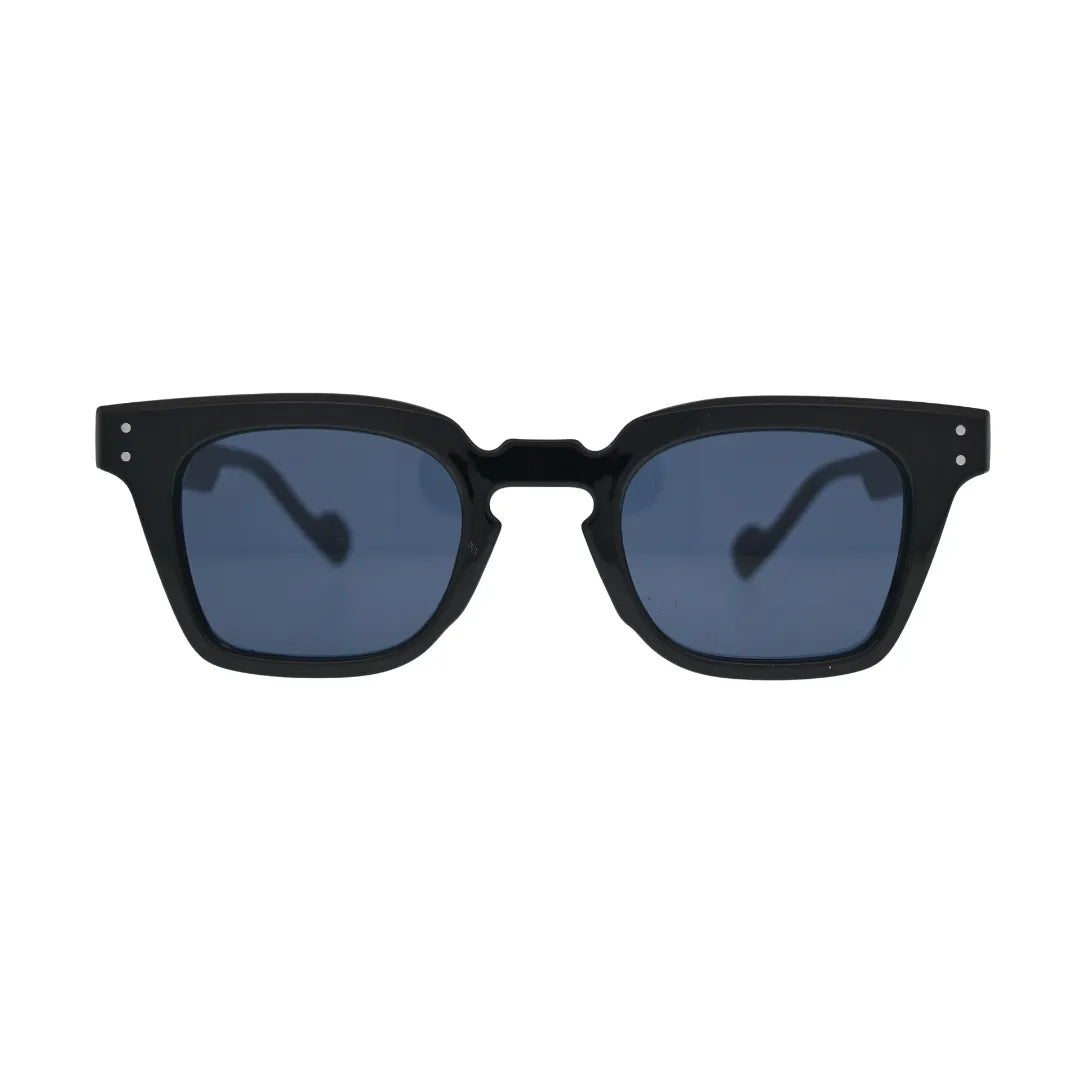 Front view of black square sunglasses with blue lenses showing thick frame, notched cutout bridge, and double silver rivets on temples