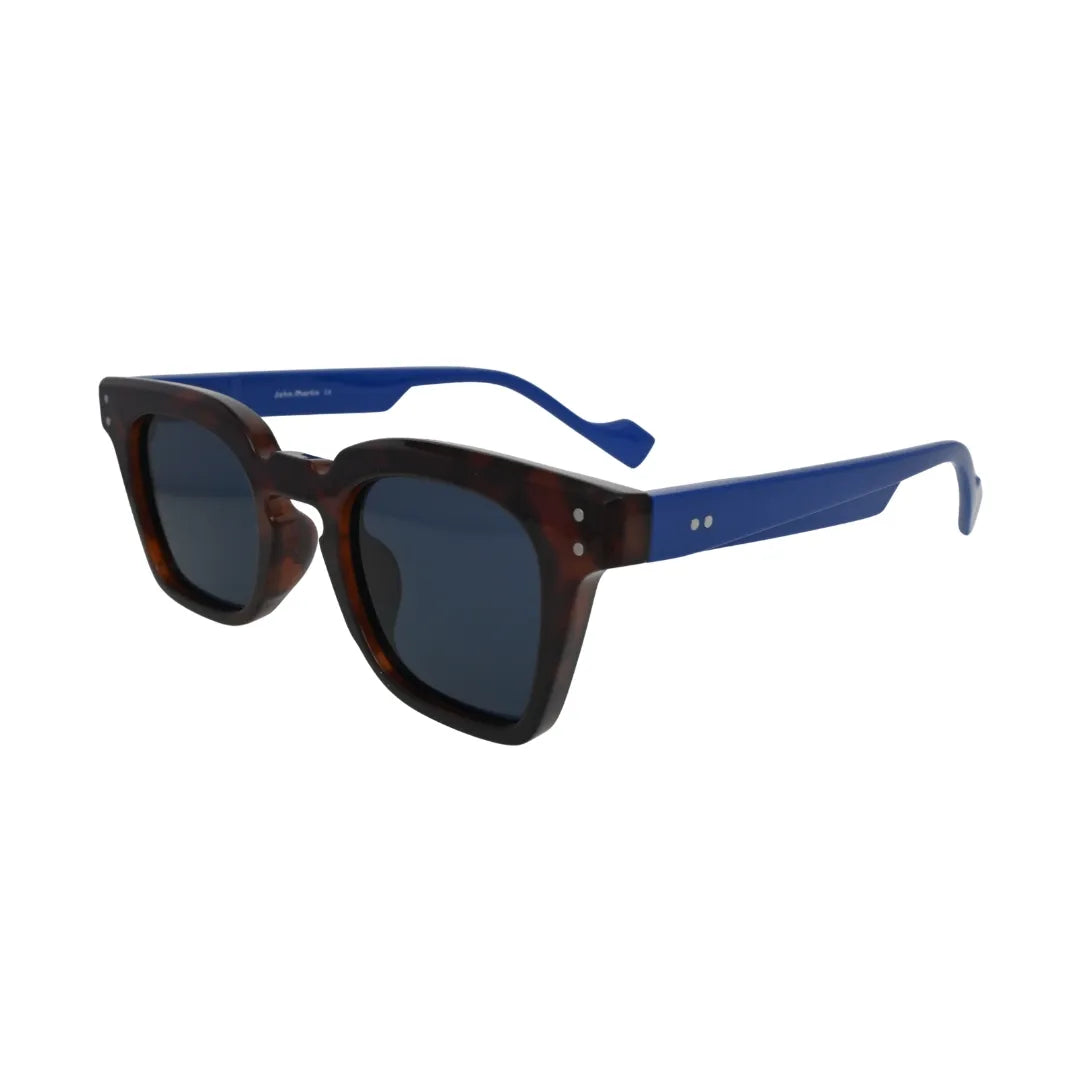 Three-quarter view of tortoise square sunglasses highlighting the bold solid blue temple arms.