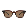 Front view of chunky brown square sunglasses with warm amber brown lenses and silver rivet hinge detail on temples