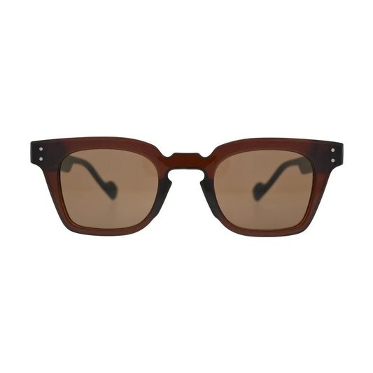 Front view of chunky brown square sunglasses with warm amber brown lenses and silver rivet hinge detail on temples