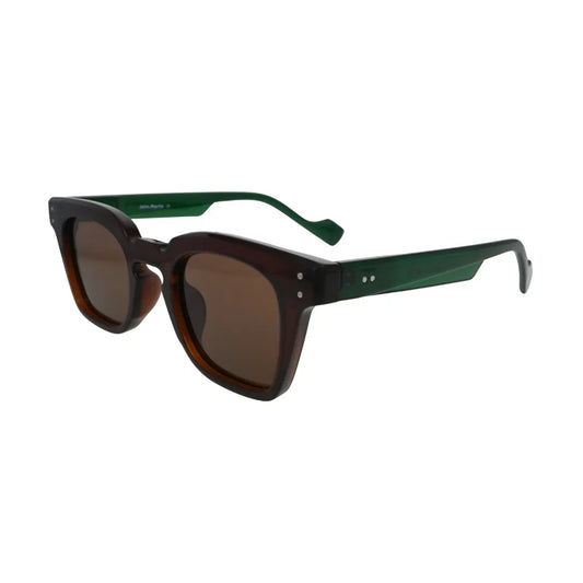 Three-quarter side view of brown square sunglasses with green temples showing bold two-tone colour block and notched bridge detail