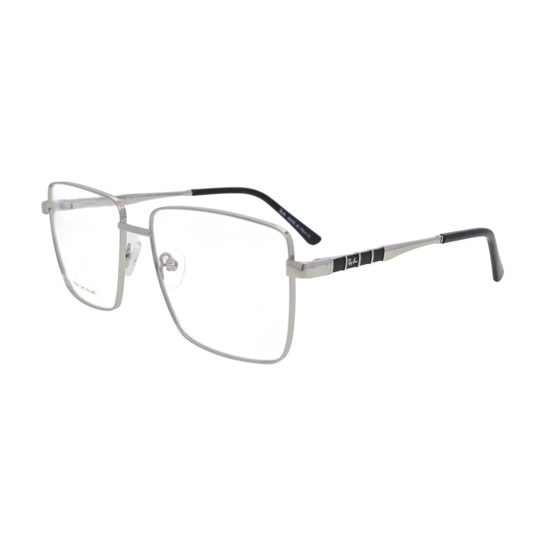 Silver rectangle glasses N086, side view showing black temple inlay