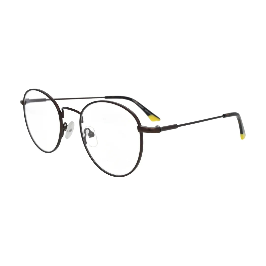 Small brown round glasses N096, side view with yellow temple tips