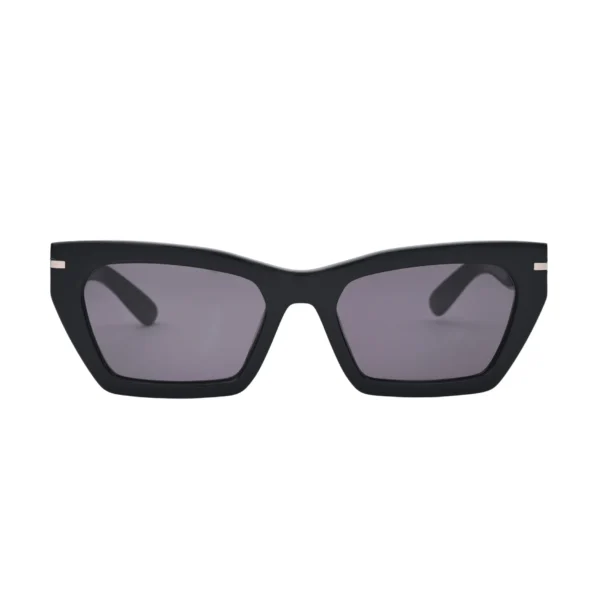 Angled side view of black rectangular sunglasses with thick acetate frame