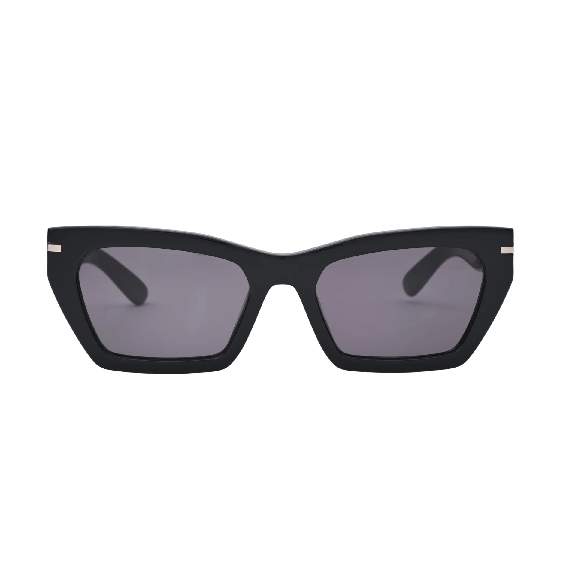 Angled side view of black rectangular sunglasses with thick acetate frame
