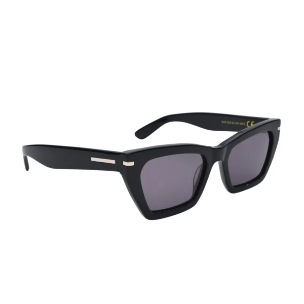 Angled side view of black rectangular sunglasses with thick acetate frame