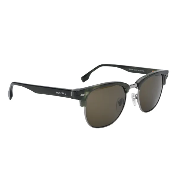 Angled side view of Mustang green lens semi rimless sunglasses with acetate frame